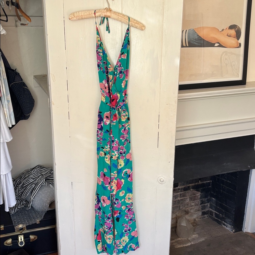 Yumi Kim Teal and Pink Floral Jumpsuit, 100% Silk, size M